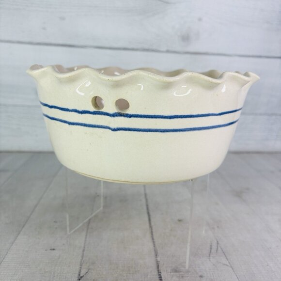 Clay Pen Pottery Beige Blue Pen Stripe Hand Crafted Creamic Bread Warming Bowl - Picture 5 of 15